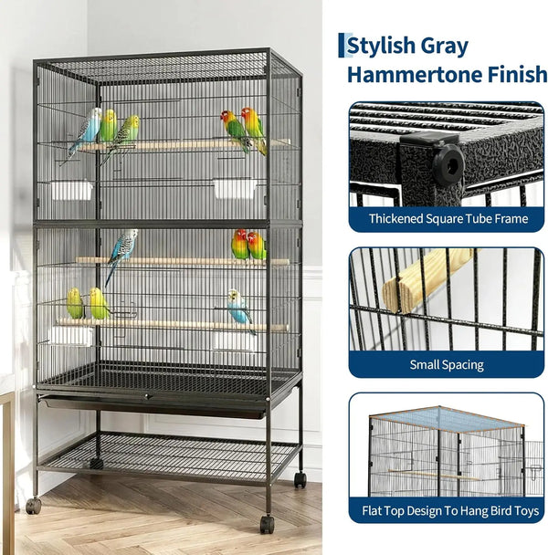 A stylish gray hamsterone finish bird cage with a flat top design for hanging bird toys.