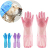 A set of pink pet grooming gloves for dogs and cats shown next to a dog's head.