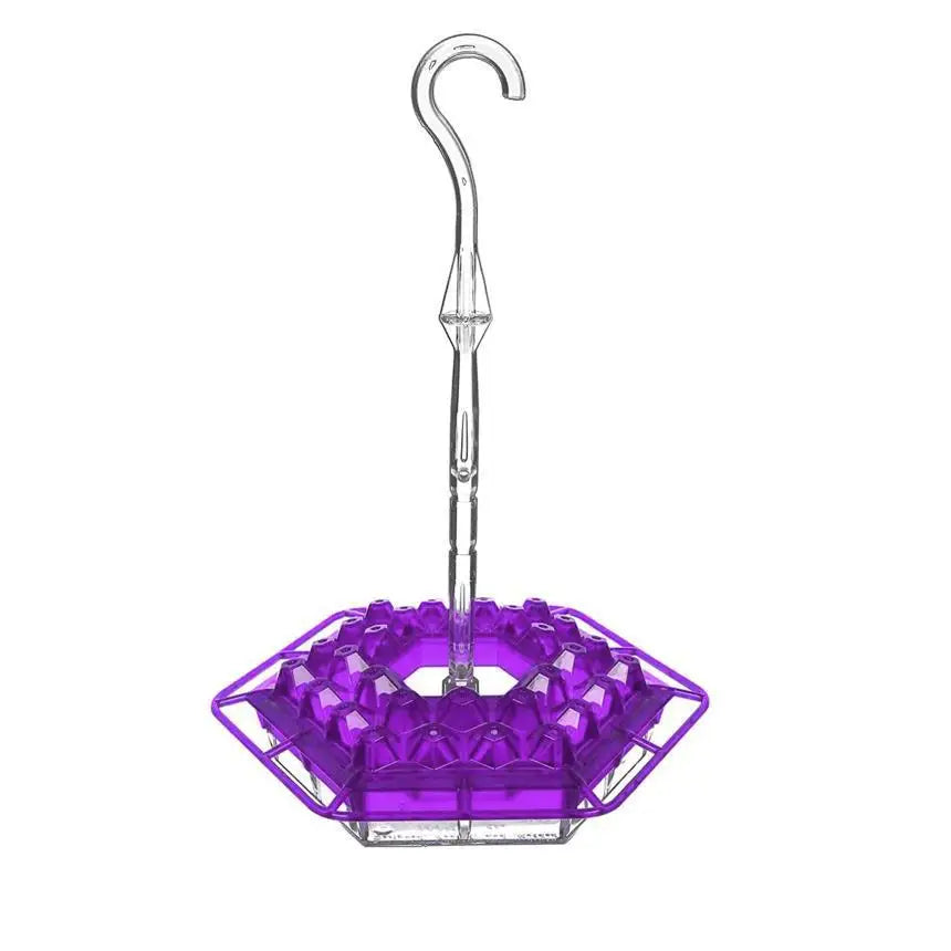 A purple hanging hummingbird feeder with a curved metal spout and a hexagonal base.