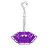 A purple hanging hummingbird feeder with a red hexagon design and a curved metal spout.