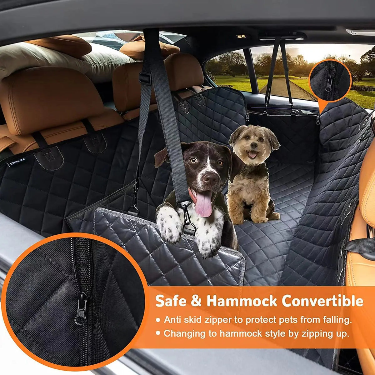A black hammock style dog car seat cover installed in the rear of a vehicle, featuring anti-slip zippers.