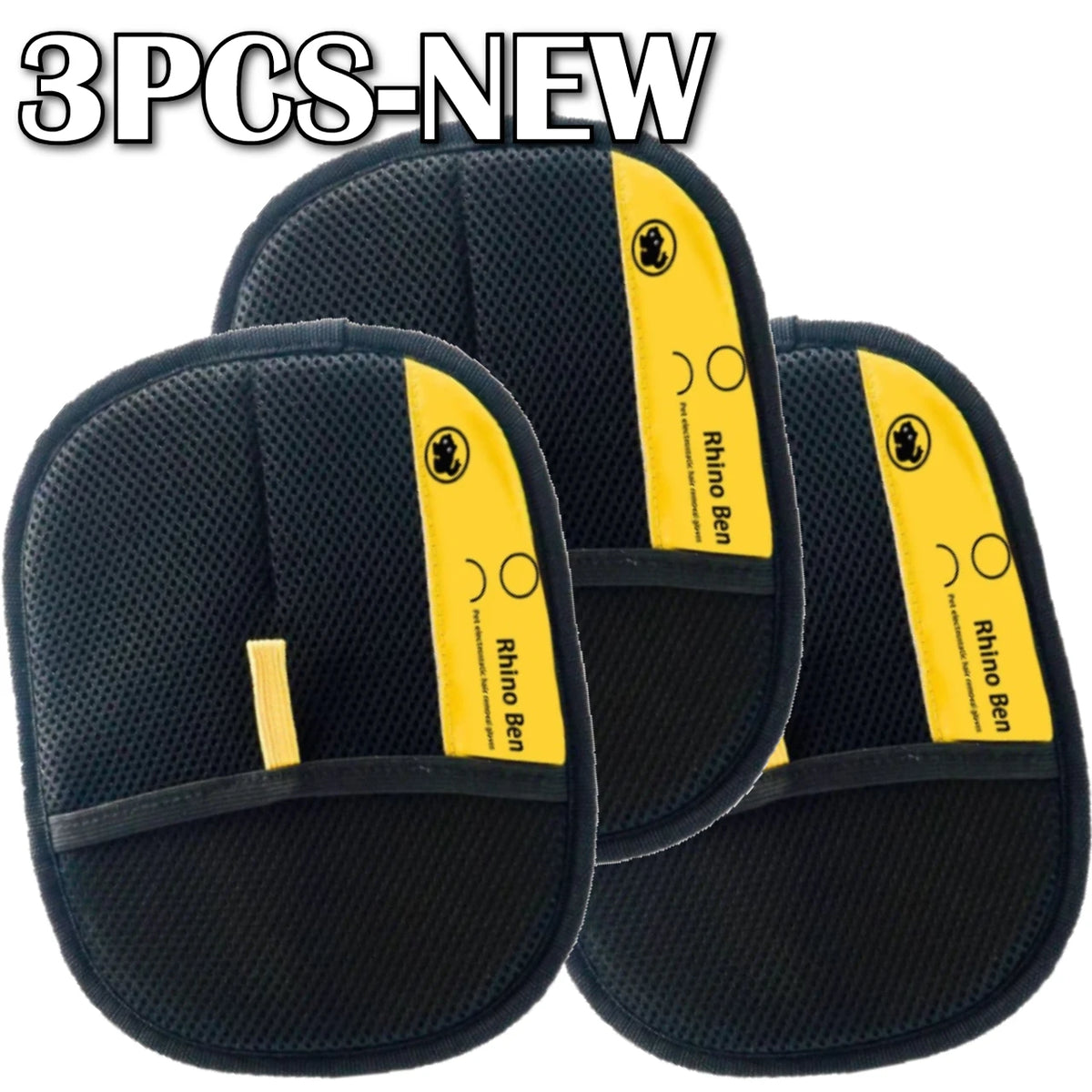 Three new pairs of black reusable electrostatic pet hair remover gloves shown on a white background.