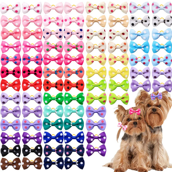 A collection of 100 polka dot pet bows in various colors and patterns with rubber bands for dog hair accessories
