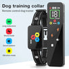 A black dog training collar with a remote control trainer and a digital screen showing level and mode options.