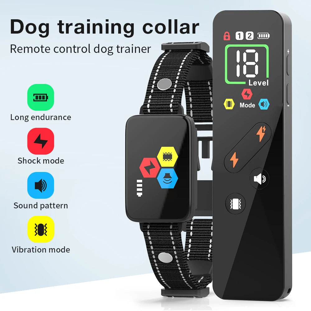 A black dog training collar with a remote control trainer and a digital screen showing level and mode options.