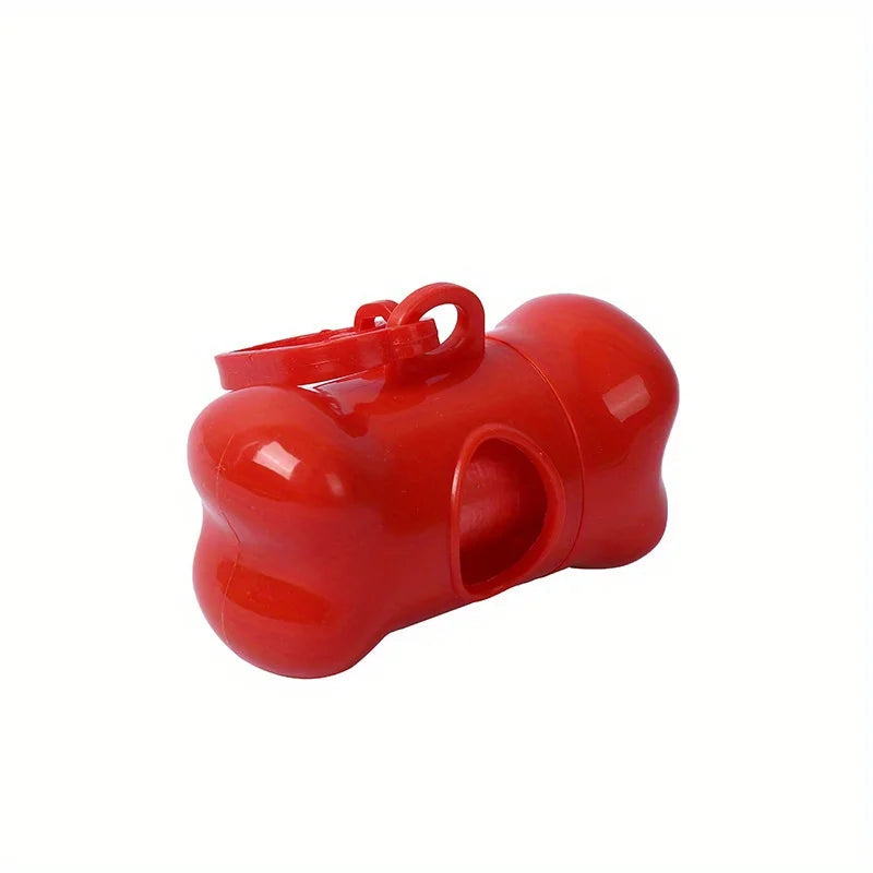 A bright red bone-shaped pet poop bags dispenser.