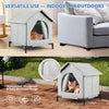 A gray insulated cat house is shown in both indoor and outdoor settings, highlighting its waterproof and fully enclosed desig