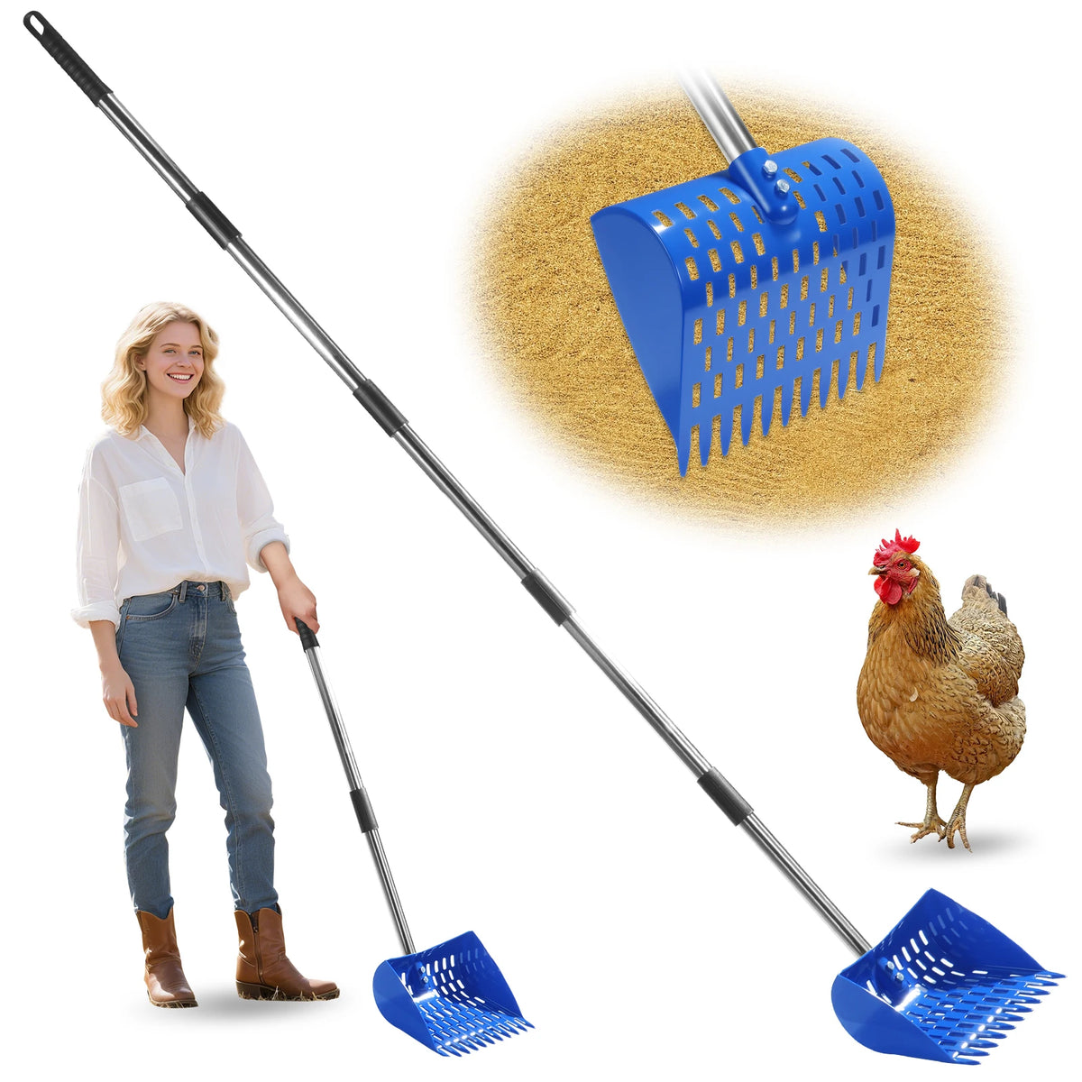 Une femme utilise une pelle et une râteau en acier inoxydable bleu pour nettoyer les déjections d'animaux, avec les outils à 