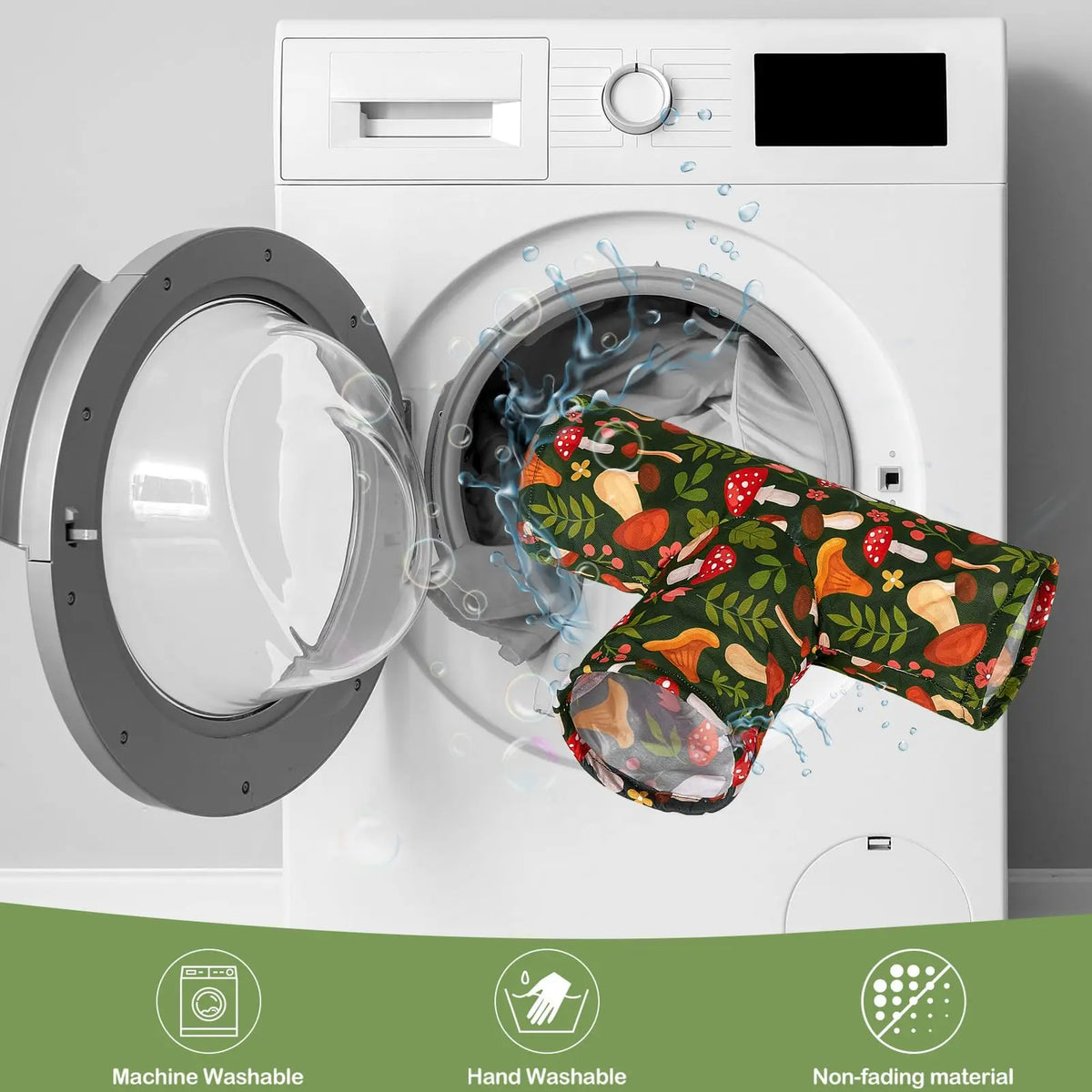 A white washing machine with a gray mesh laundry bag and a green fabric pet tunnel shown in use.