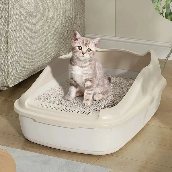 A light beige high-sided cat litter box with a soft, textured litter and a small tabby kitten sitting inside.