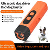 Orange ultrasonic dog driver device with a black body and a small dog shown next to it.