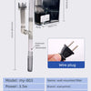 A black wall mounted filter system with a tube and wire plug is shown next to its dimensions.