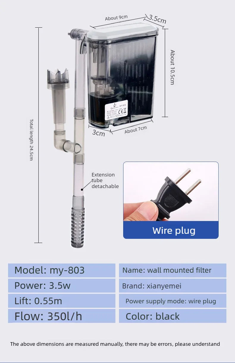 A black wall mounted filter system with a tube and wire plug is shown next to its dimensions.
