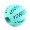 A light blue durable chew ball with textured ridges for dogs and cats.