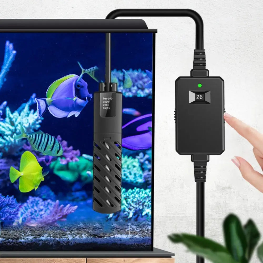 A submersible aquarium heater with a black cord and connector is shown next to a fish tank.