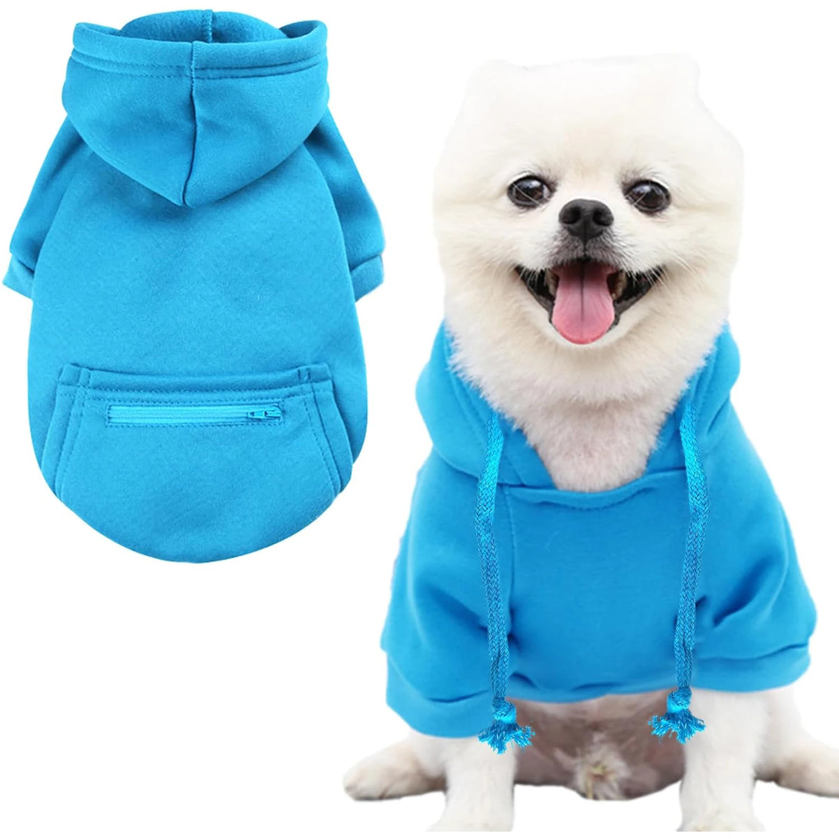 A light blue dog hoodie with a zipper pocket and drawstring detail, worn by a white dog.