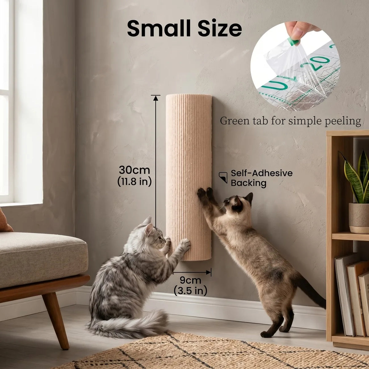 A tabby cat is interacting with a cylindrical scratching post, demonstrating its small size and self-adhesive backing.
