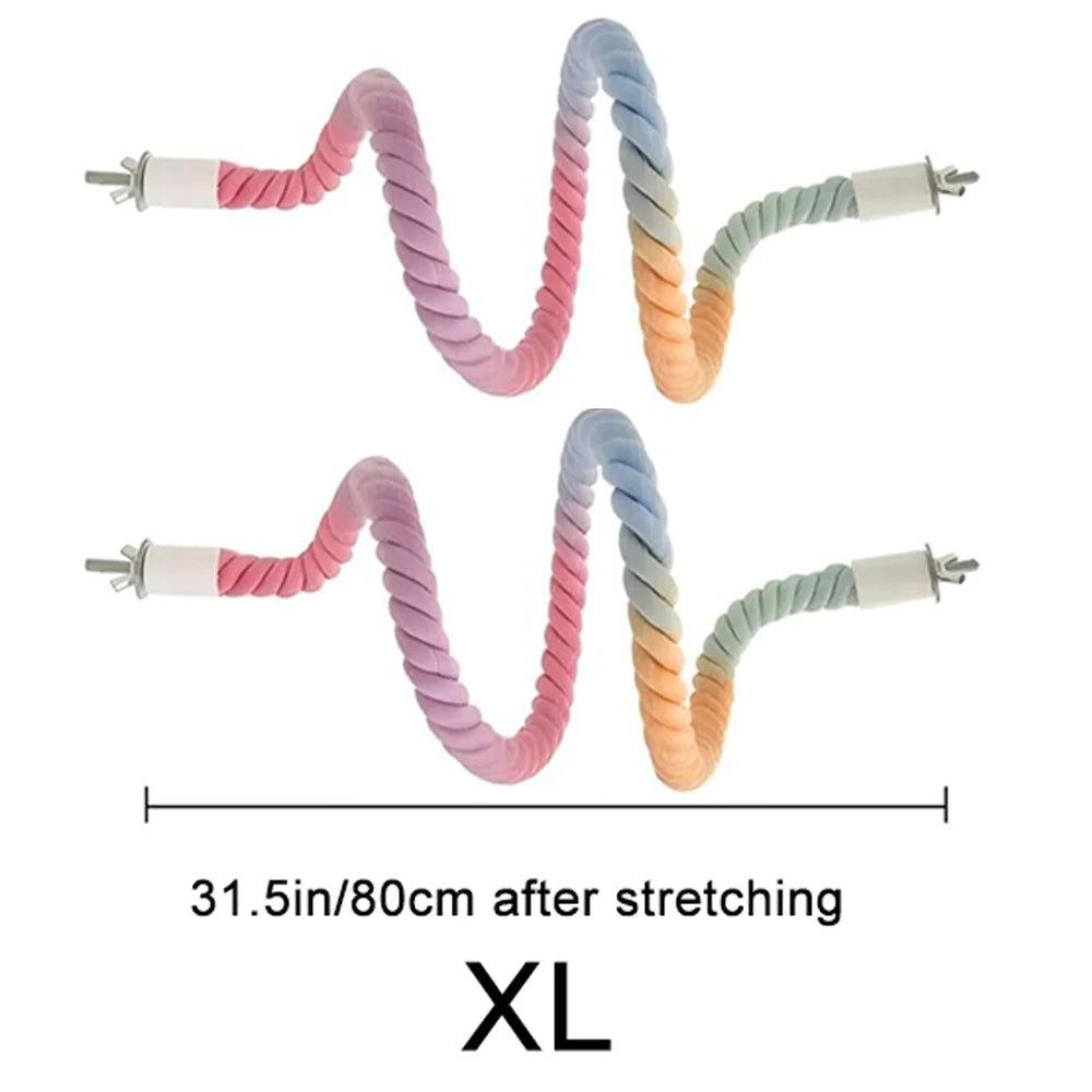 Colorful bird rope perch stand in purple and blue colors after stretching