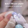 A hand holds a white pet nail clipper with a built-in LED light, illuminating the bell of a white pet's nail.