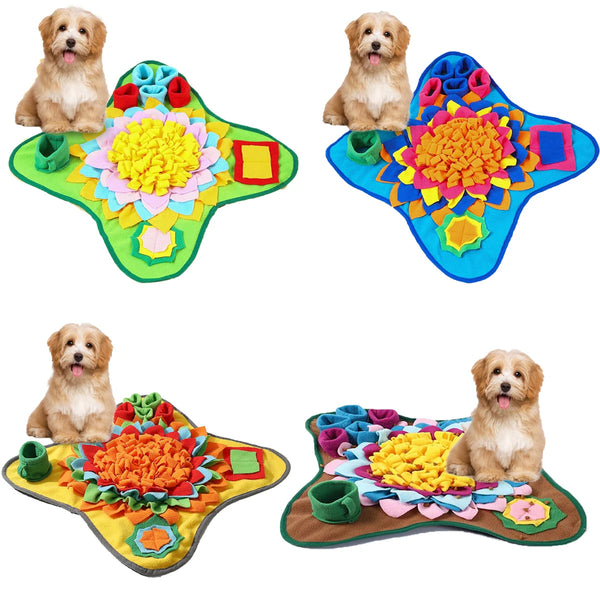 A colorful snuffle mat for dogs featuring various textures and shapes designed for slow feeding puzzles.