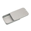 A silver compact sliding lid tin box used for storing treats, pills, and small items.