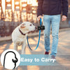 Une personne promène un chien par une journée ensoleillée, tenant une laisse de sac pour excréments bleue.