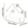 Clear window hanging bird feeder with a pitched roof and tray, shown with dimensions.