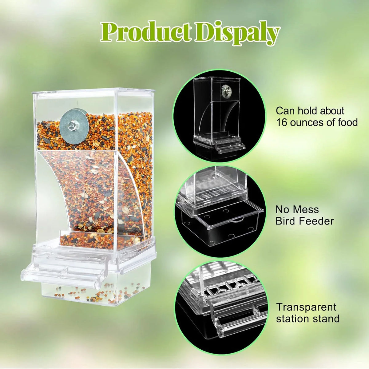 Distributeur automatique d'oiseaux en plastique transparent avec diverses graines et socle de nourrissage.
