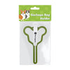 A green garbage bag holder for dogs featuring a leash clip, packaged in a cardboard box.