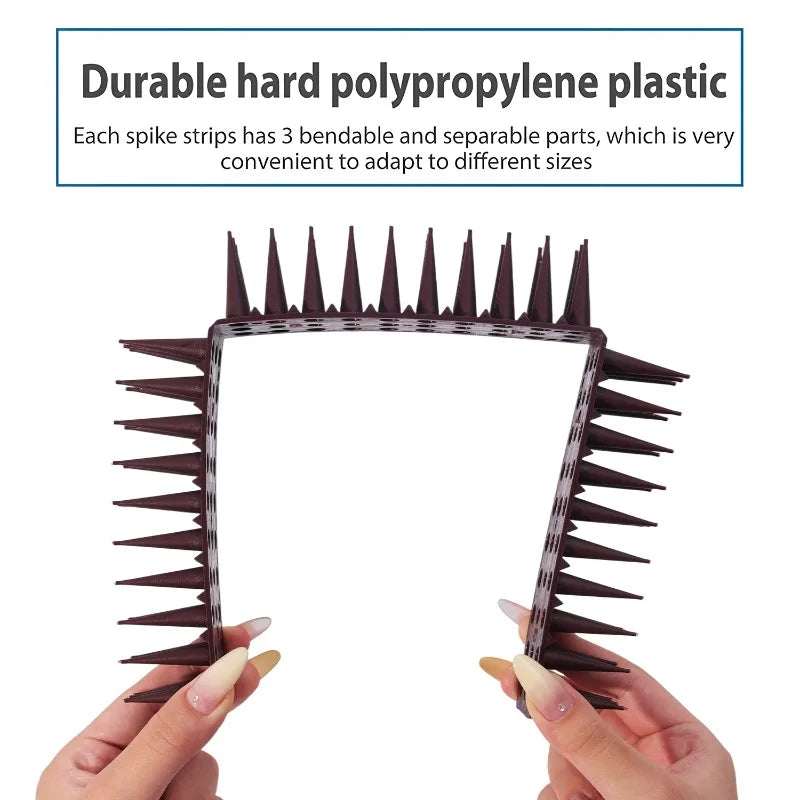 A hand holds a durable hard polypropylene plastic bird and pest repellent spike with multiple bendable parts.