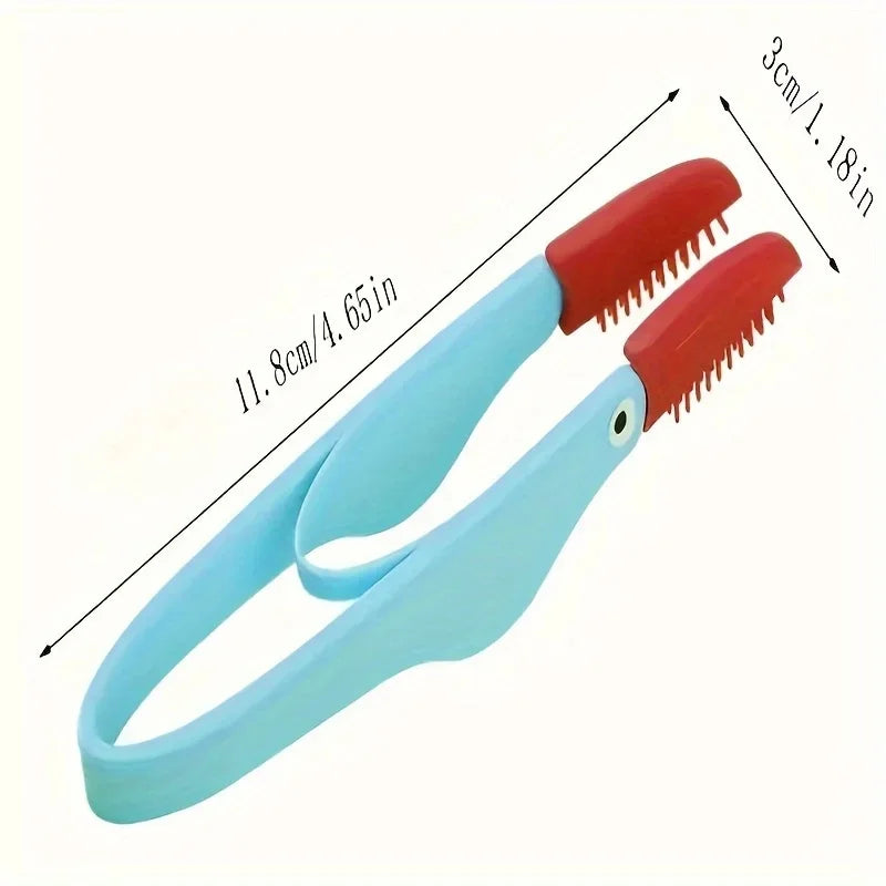 A light blue comb with red bristles and a handle, showing its size dimensions.