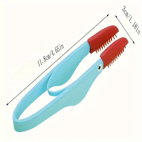 A light blue comb with red bristles and a handle, showing its size dimensions.