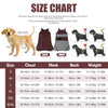 Size chart for a waterproof reflective dog winter coat showing measurements for sizes S through XXXL.