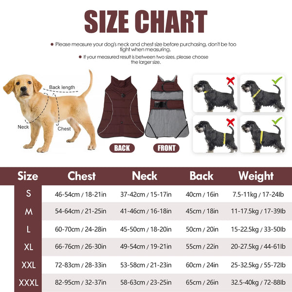 Size chart for a waterproof reflective dog winter coat showing measurements for sizes S through XXXL.