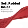 Close-up of a red soft padded dog collar made of breathable and soft protecting dog fur.