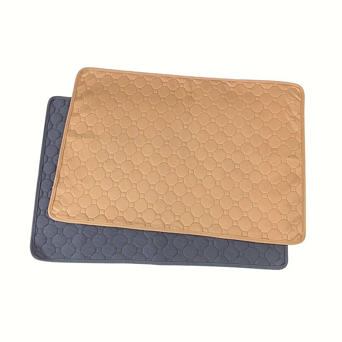 A set of three reusable washable dog pee pads in shades of tan and gray.