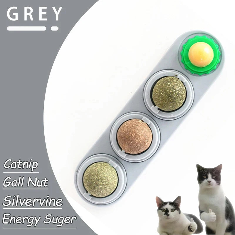 A collection of edible catnip balls in various colors including Gall Nut, Silvervine, and Energy Sugar for cats