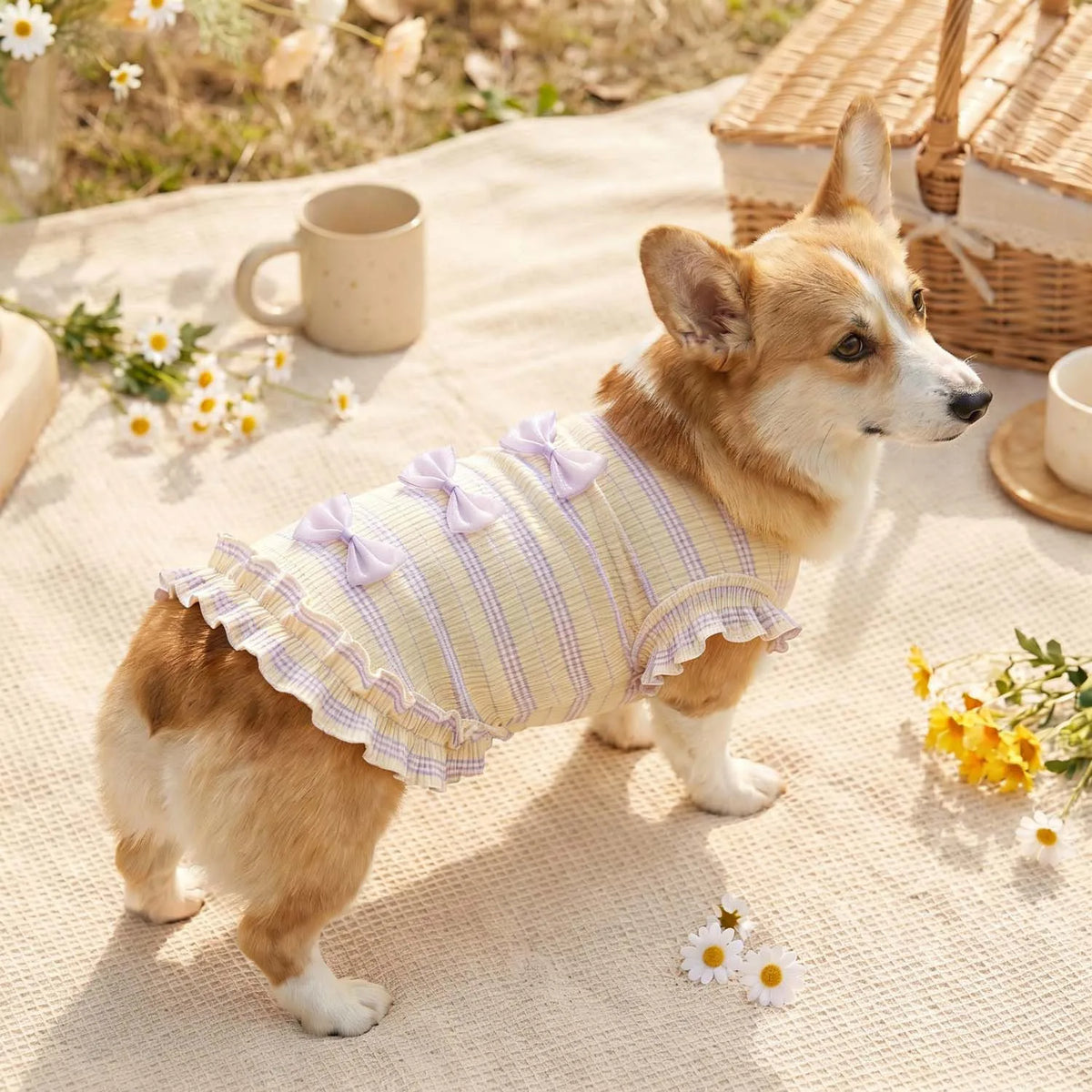 A fluffy brown dog wearing a yellow and white striped mesh bow suit lying on a light fabric with small flowers.