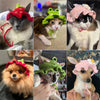 Collage aus handgewebtem Katzen- und Welpenkopfschmuck in verschiedenen Farben und Stilen.