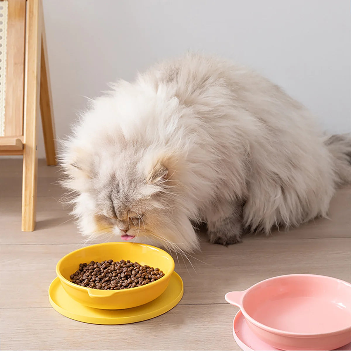 A fluffy gray cat is resting on a wooden surface near a yellow silicone pet feeding bowl and plate.