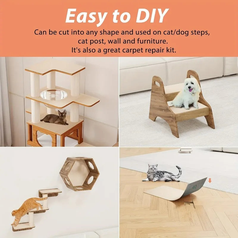 A customizable cat scratching mat is shown in various uses including furniture, wall decor, and as a carpet repair kit.