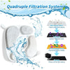 Diagram showing a quadruple filtration system for water, including non-woven fabric filters, activated carbon, and ion-exchan