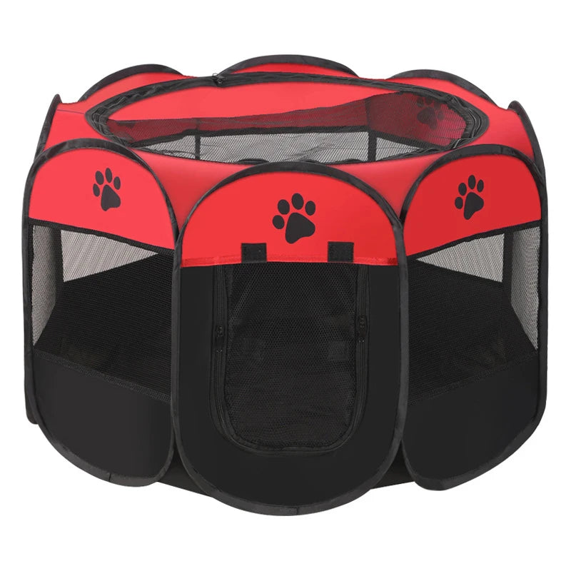A red and black folding octagonal pet cage for dogs with mesh panels.