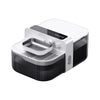 A white pet water fountain with a black base and a clear feeding tray.