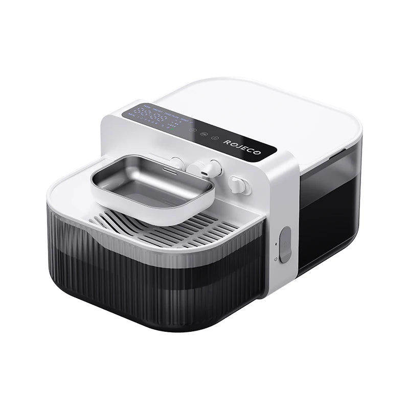 A white pet water fountain with a black base and a clear feeding tray.