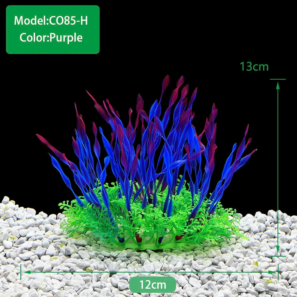 A cluster of vibrant purple and blue artificial aquarium plants growing in a shallow tray.