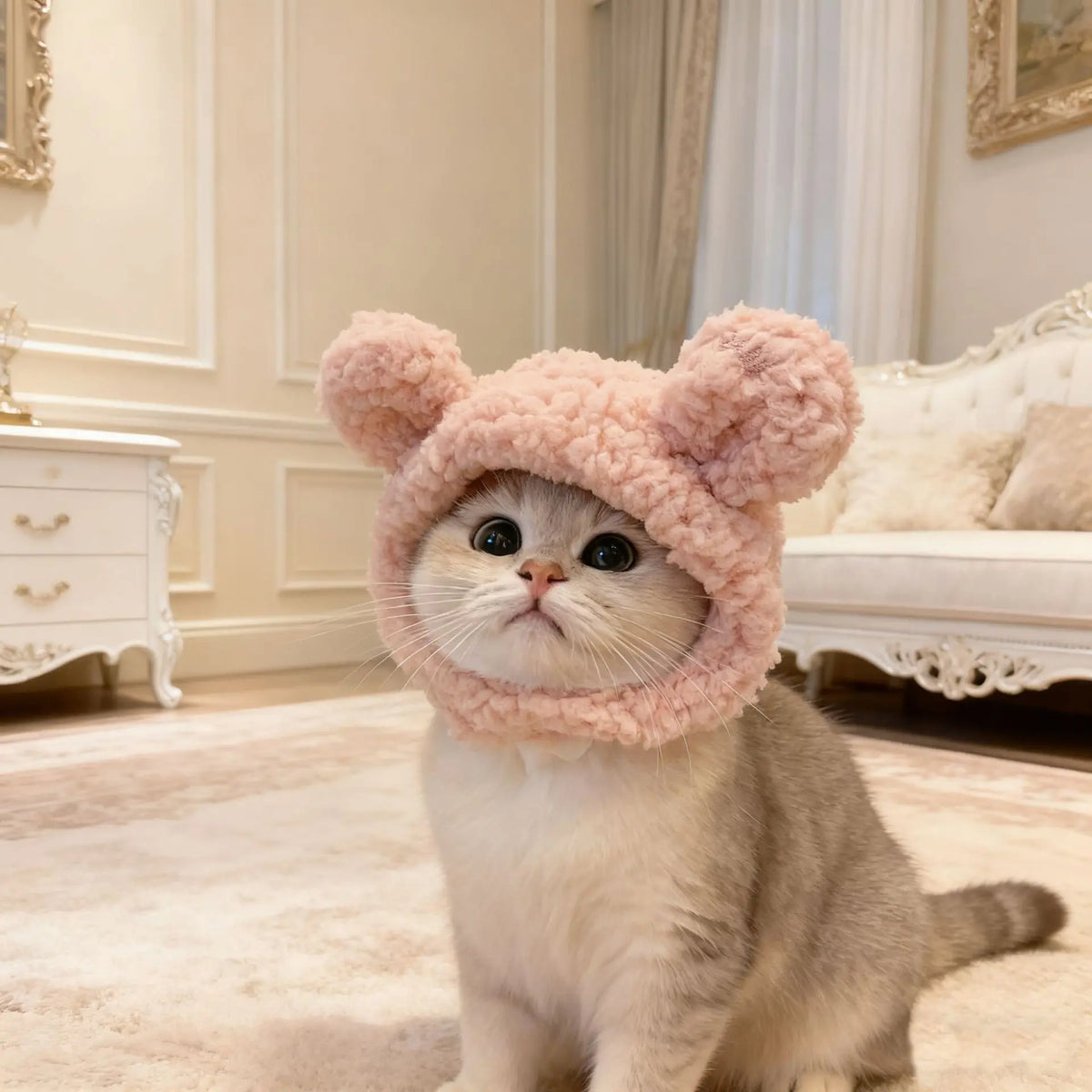 A fluffy, light pink bear cap pet head cover is worn by a cat sitting on a cream rug.