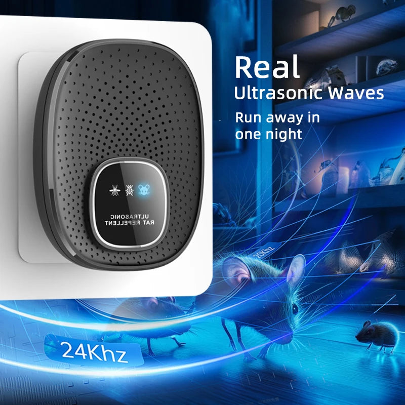 A black ultrasonic wave device is shown next to a mouse in a blue, futuristic setting.