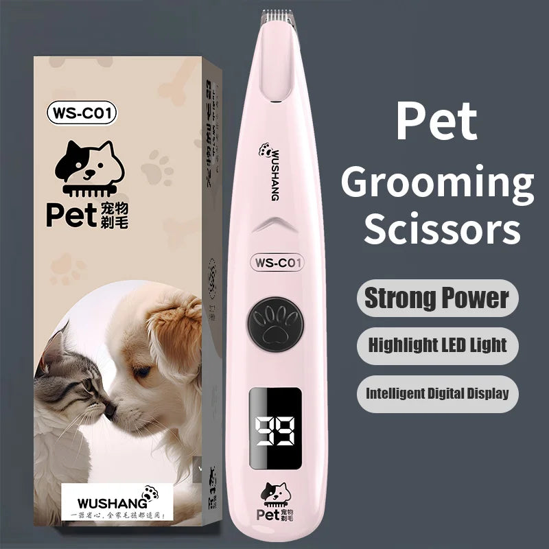 A pink pet grooming scissors device shown next to its packaging box.