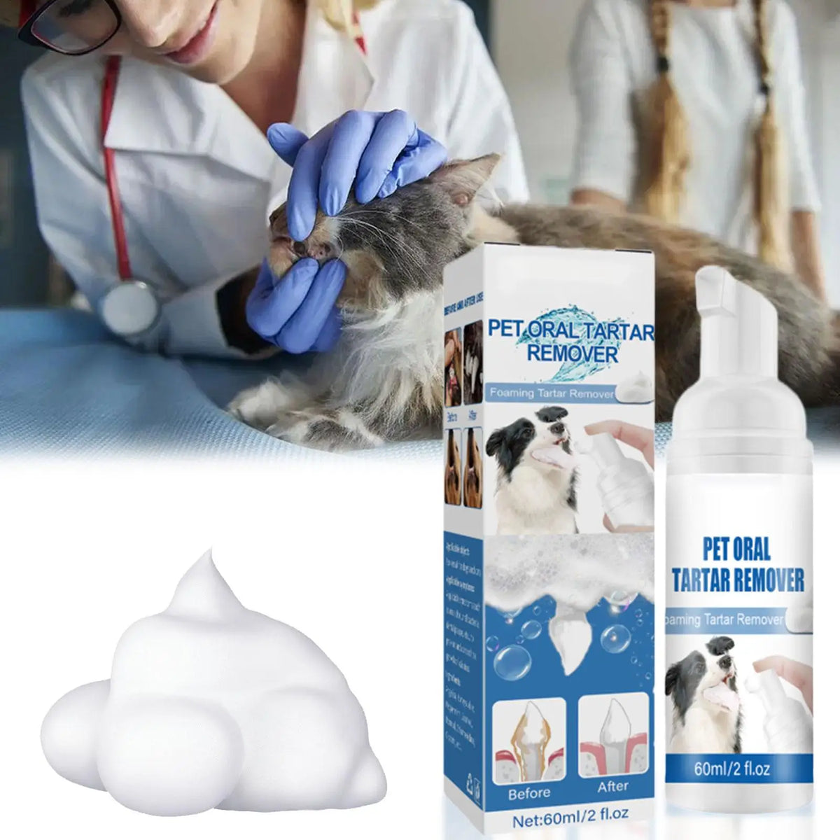 A bottle of Pet Oral Tartar Remover foam and a white dental cleaning tool are shown next to a cat.